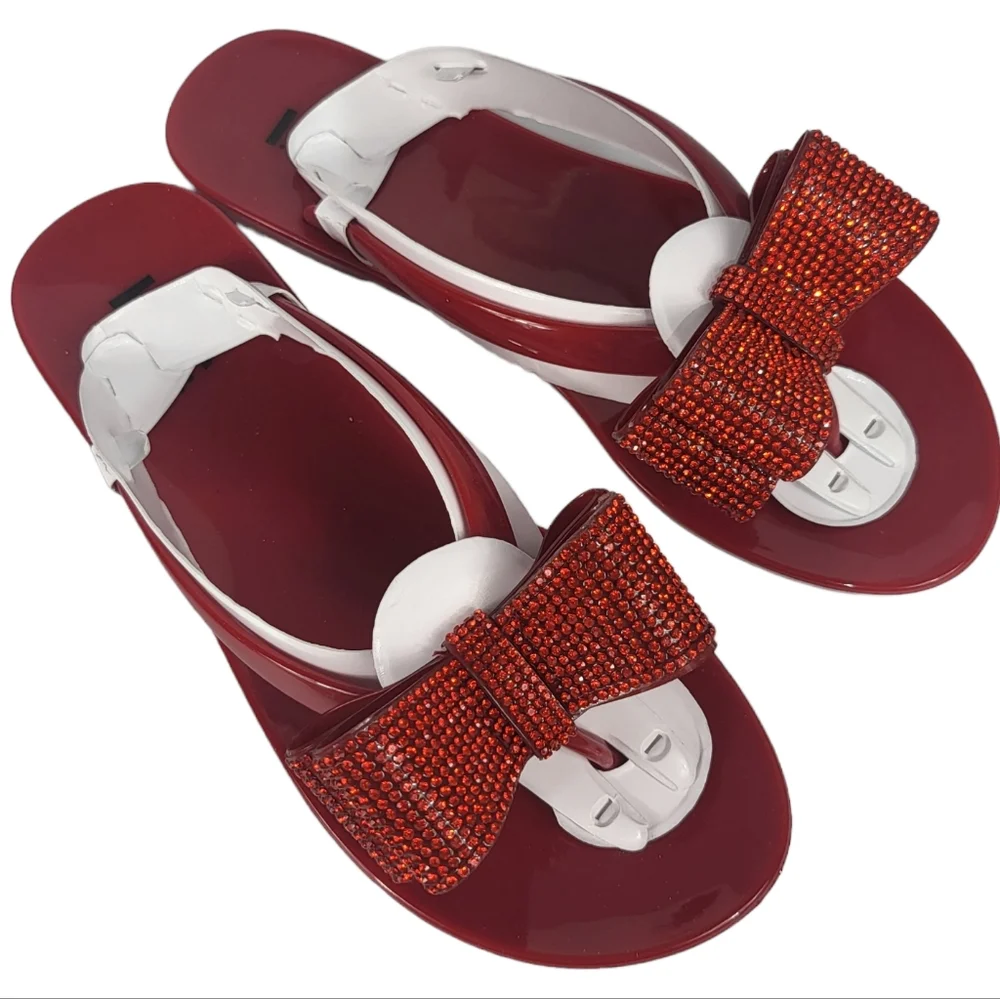 INC International Concepts Madena Red Bow Rhinestone Slip-on Thong Sandals 6 - Picture 3 of 4